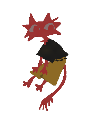 gif of a lineless anthropomorphic reddish-pink cat, dressed in yellow-green shorts with a black belt and t-shirt. the cat sits with its paws on its knees and its tail swings back and forth. its face only has two large eyes, looking to the right. occasional